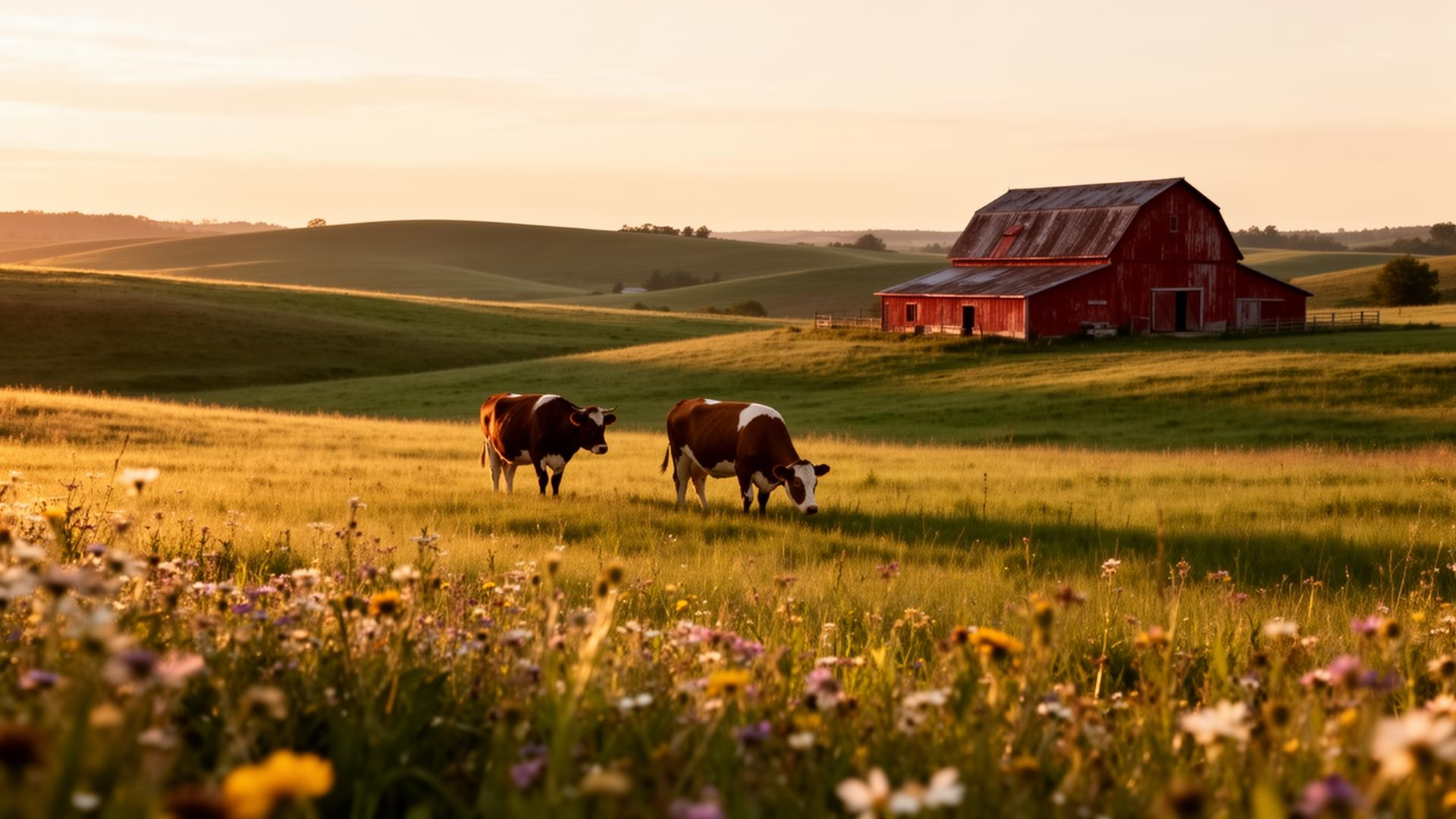 Pasture and barn at golden hour